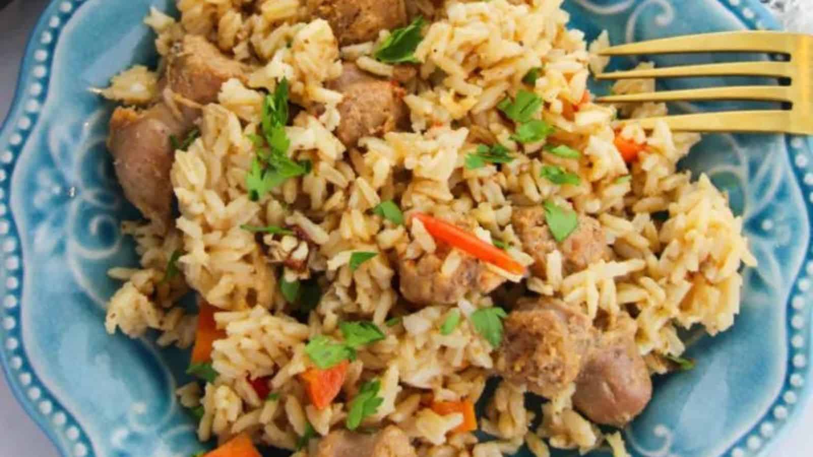 Close up of Cajun Rice and Sausage on a plate.