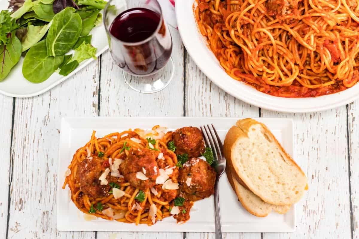 Plate of spaghetti and meatballs made in an Instant Pot.