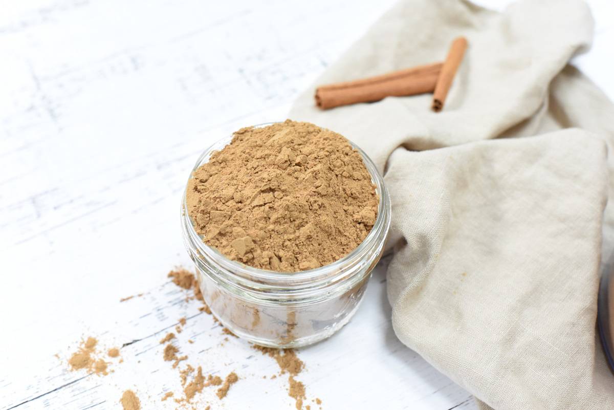 Mushroom powder in a glass jar.