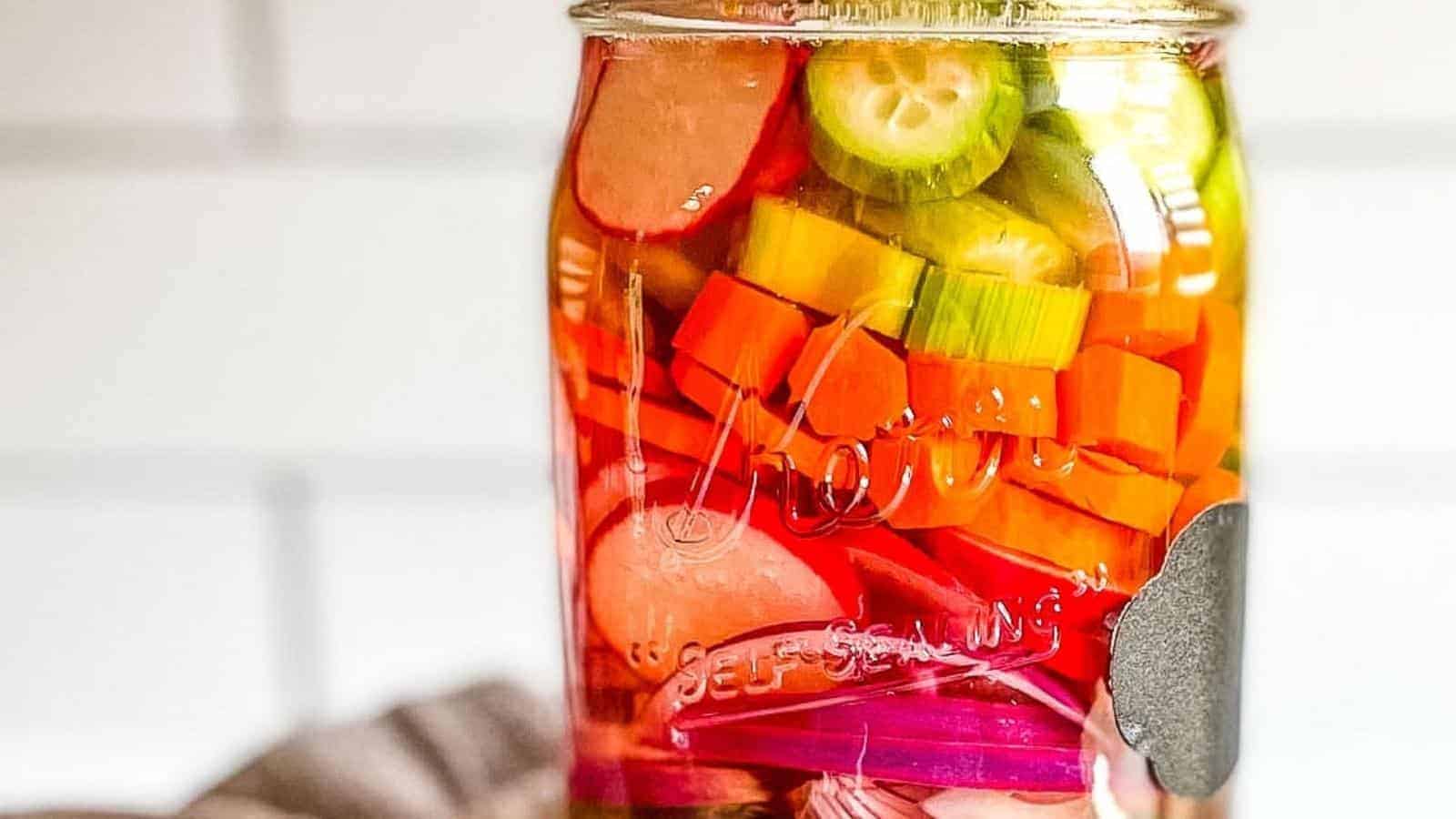 Side view of mixed pickles in a glass jar.