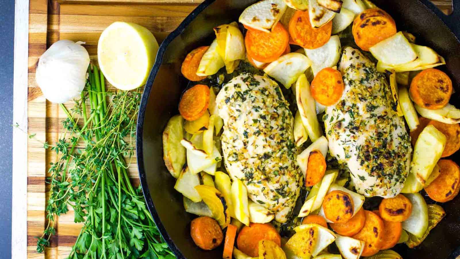 Roasted chicken and vegetables in a skillet on a cutting board.