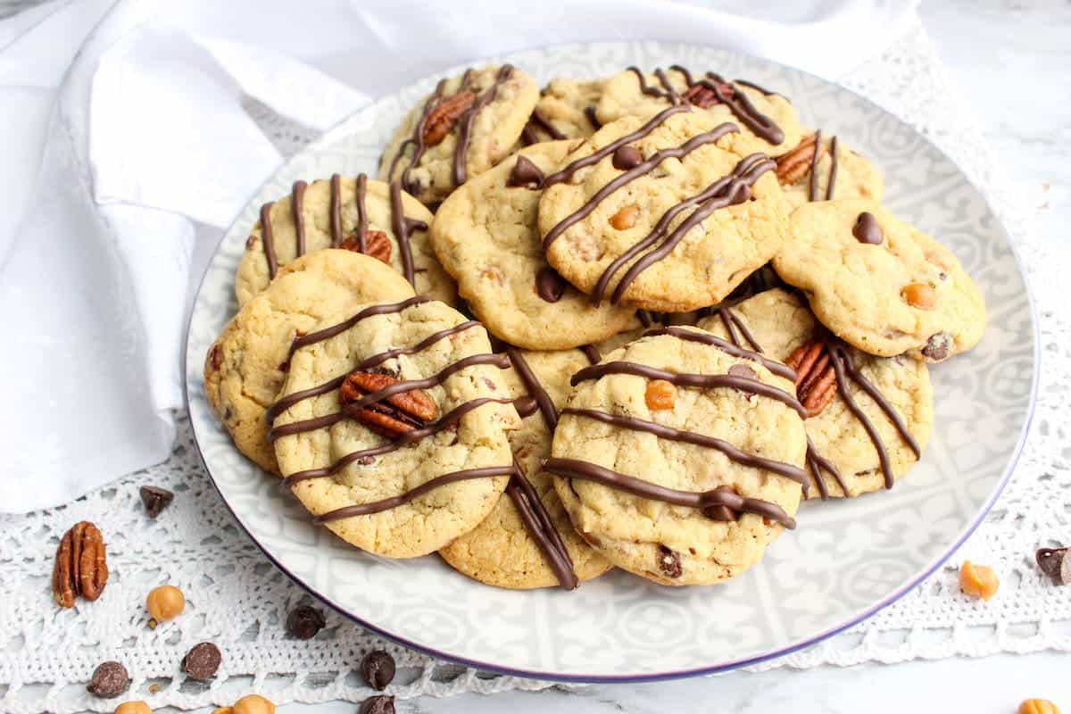 Plate with Turtle chocolate chip cookies.