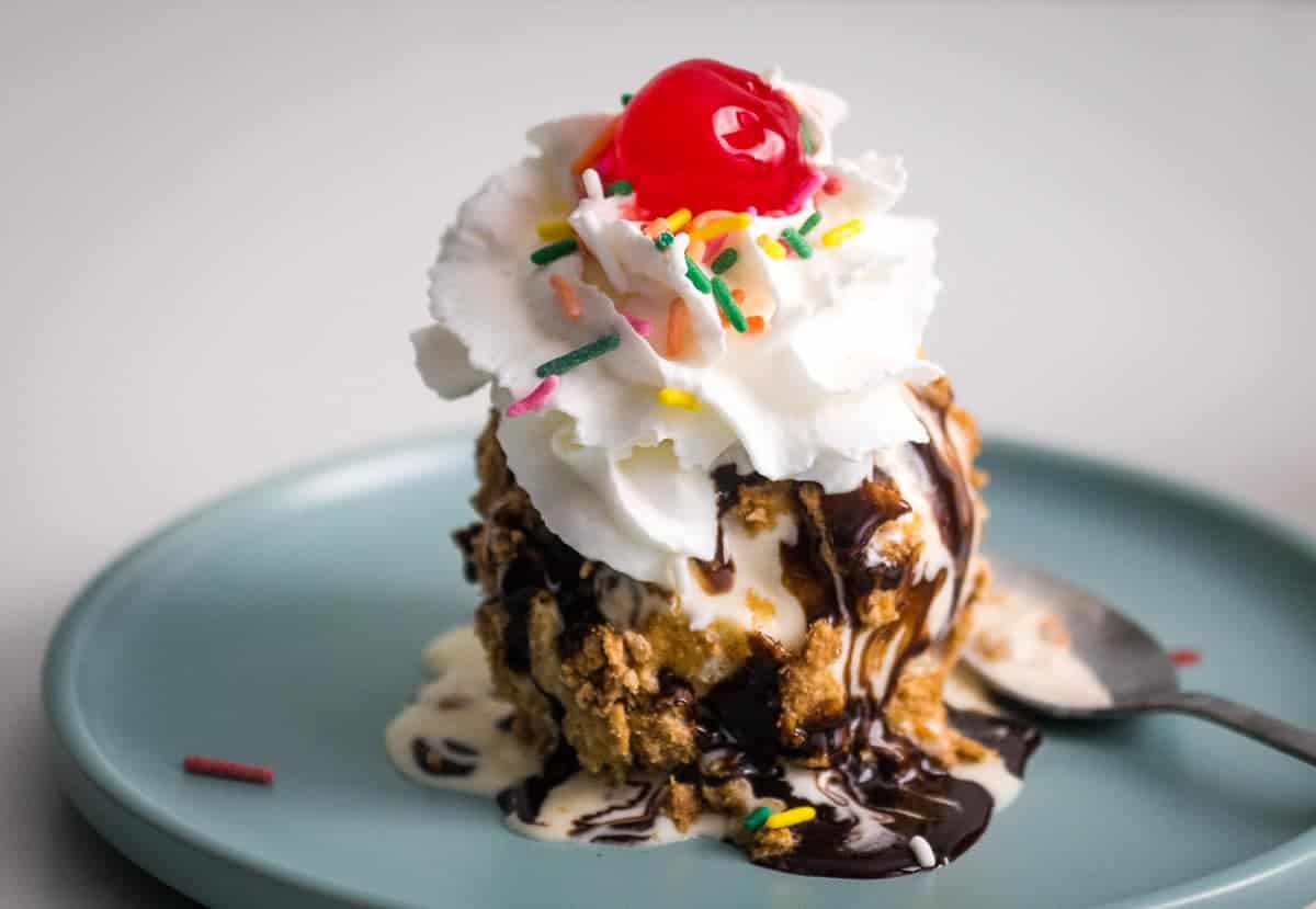 Air Fryer Ice Cream on a blue plate.