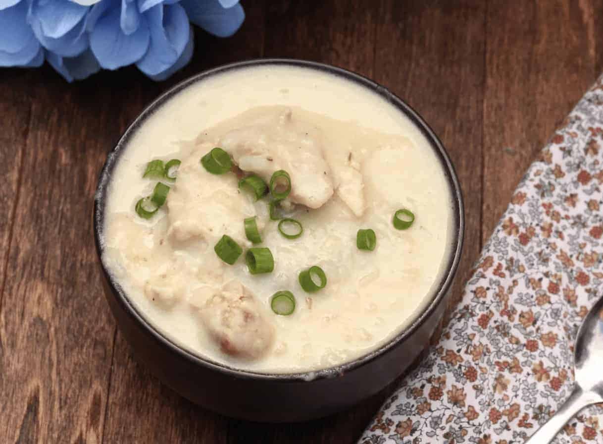 A bowl of soup with chicken and green onions.