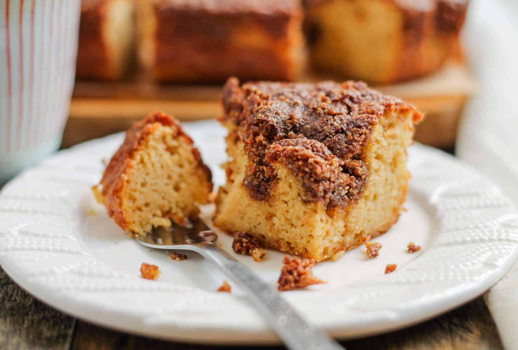 A plate with a slice of healthy coffee cake on it.