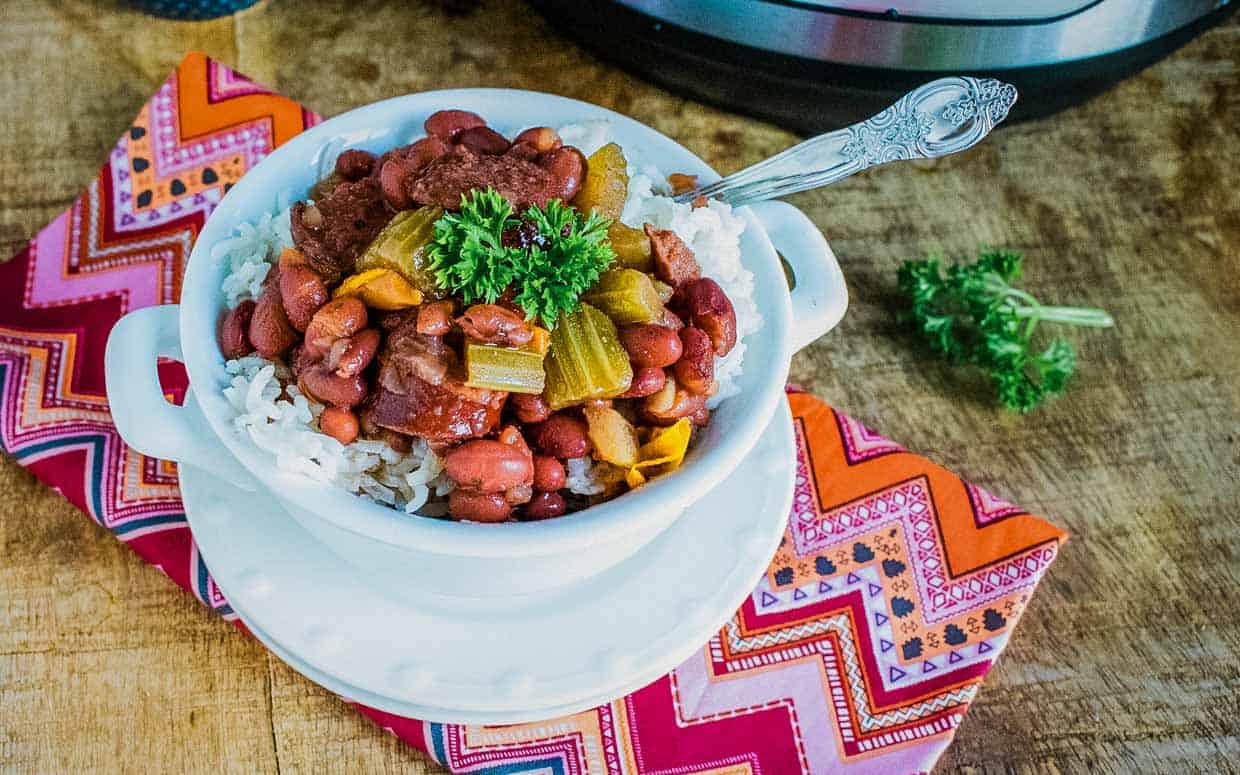 An appetizing instant pot recipe bowl of beans and rice.