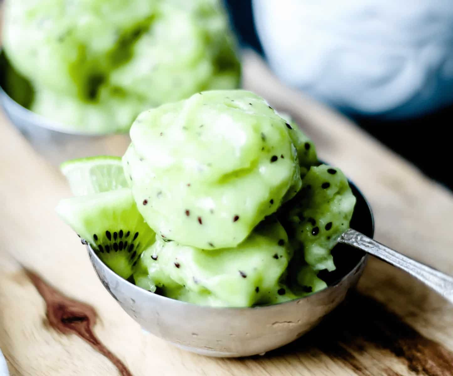 A small dish of kiwi sorbet.