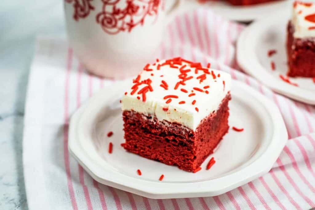 Red velvet cake with cream cheese frosting.