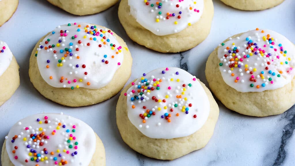 A plate of cookies with sprinkles and icing.