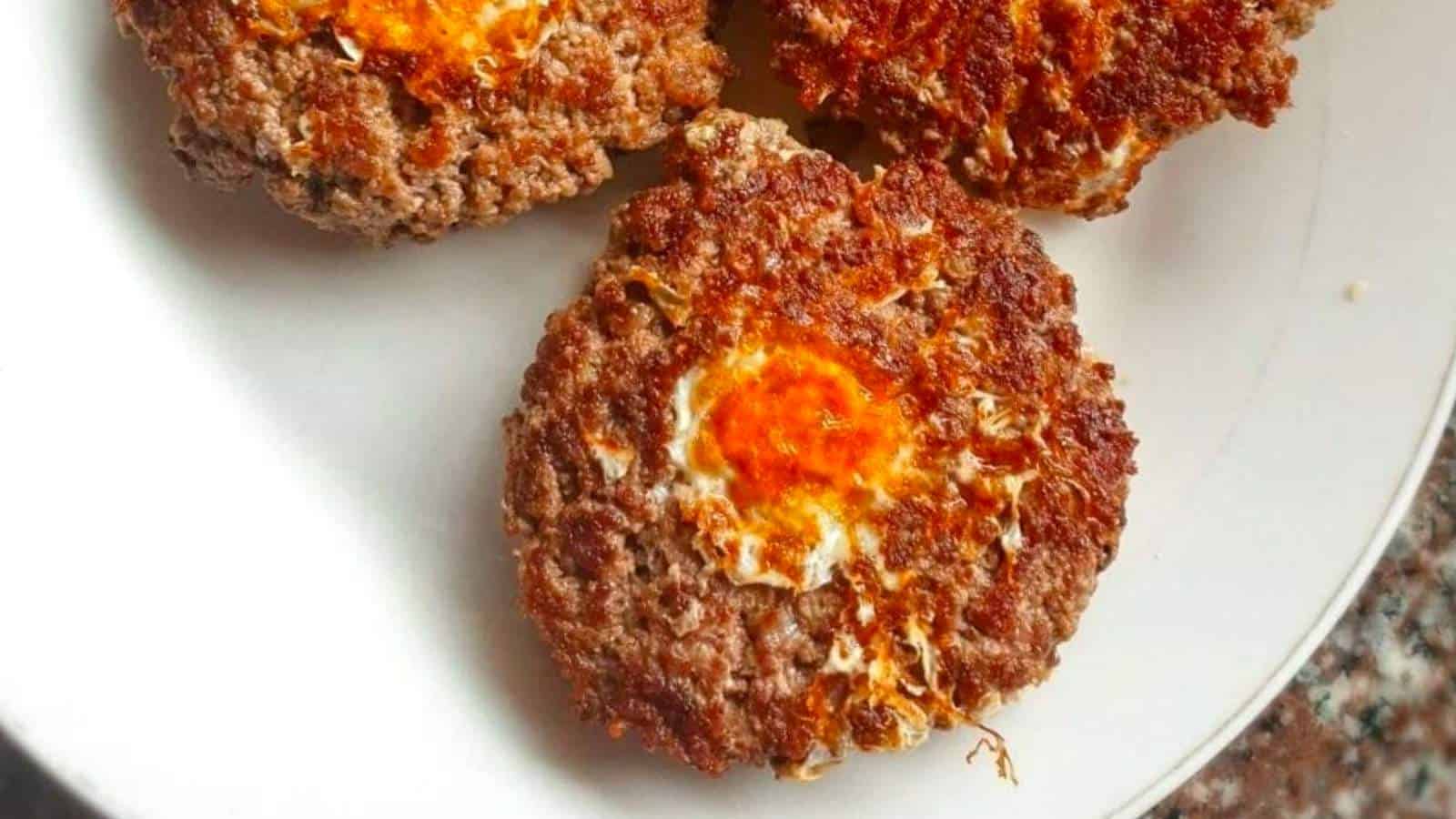 A plate of meat burgers with an egg on top.