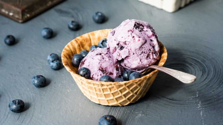 Blueberry ice cream in a bowl with blueberries.