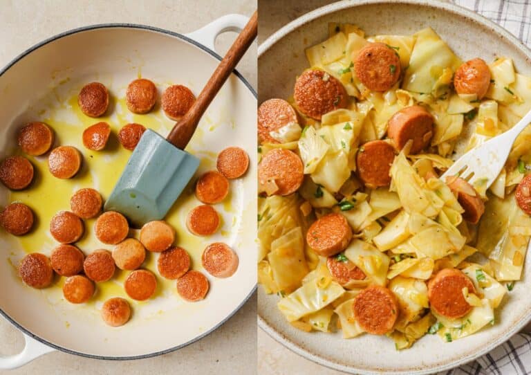 A collage of food in a pan.