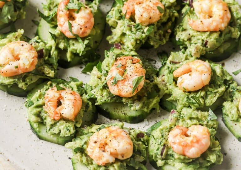 Shrimp and guacamole stuffed cucumbers.