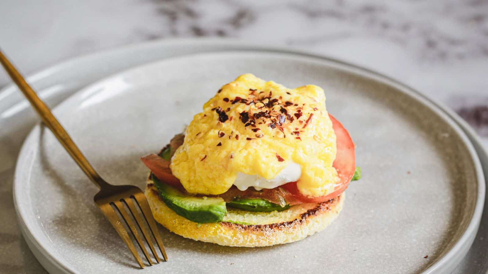 Meatless and Vegetarian Eggs Benedict Recipe with Avocado (Gluten free option!).