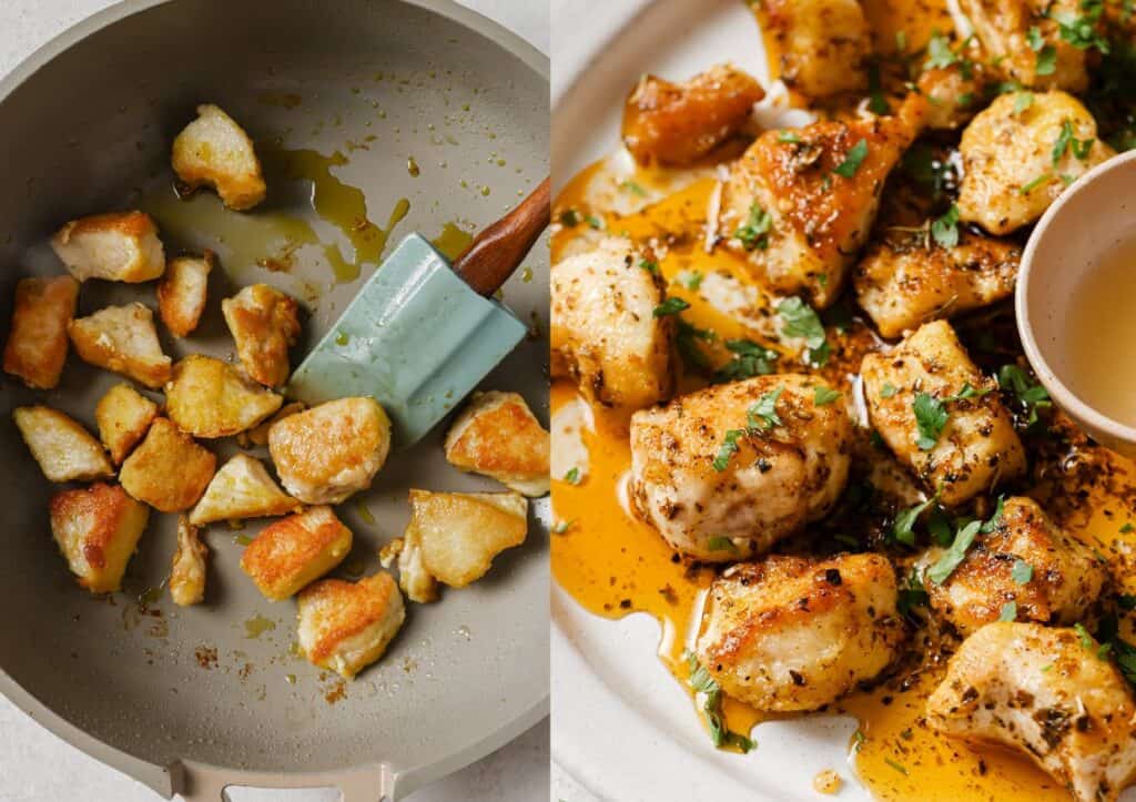 Two pictures of chicken in a pan with garlic and herbs.