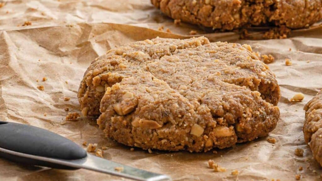 Peanut butter cookies on a piece of parchment paper with a knife.