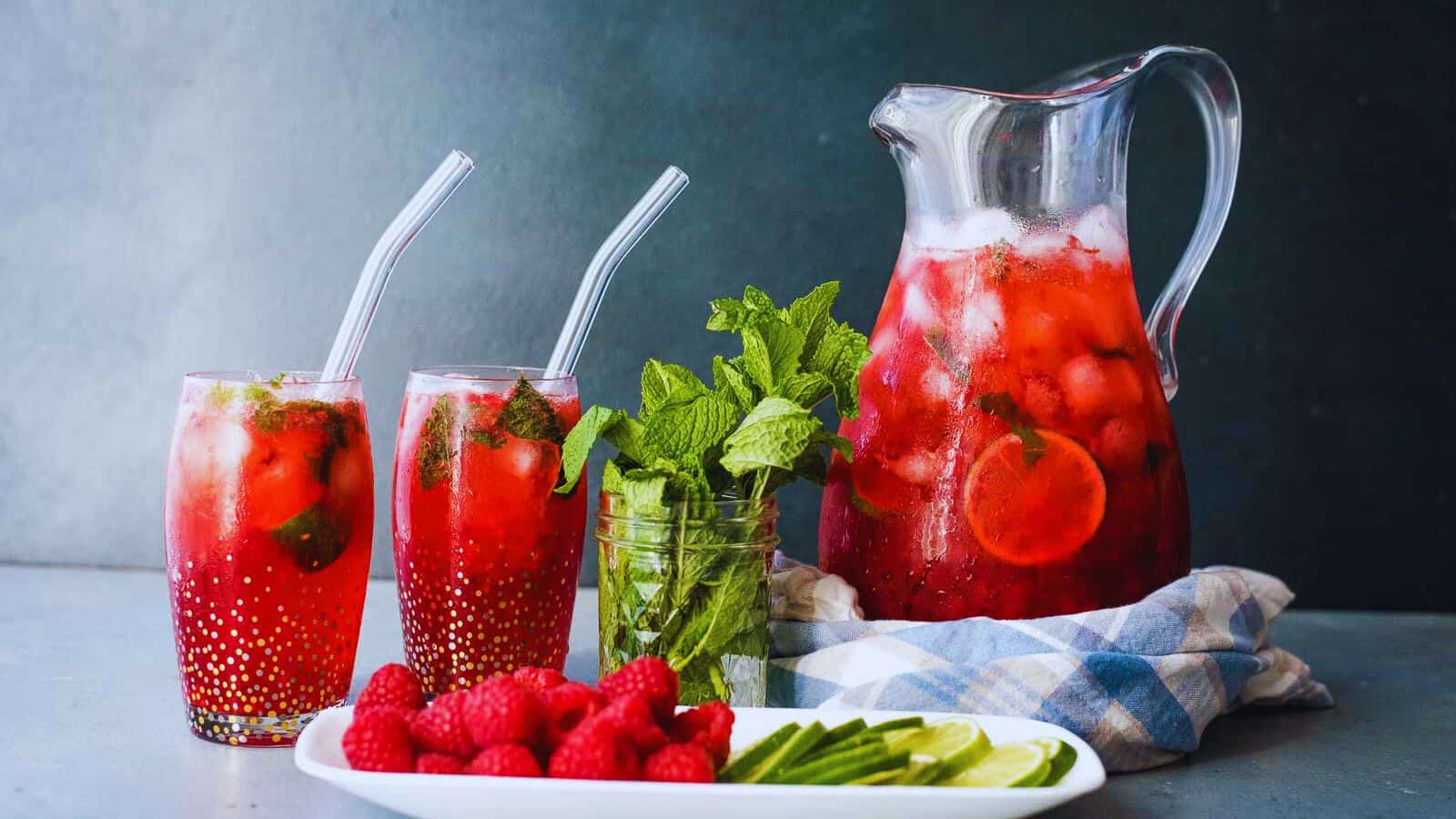 Raspberry mojito cocktails with a mojito party pitcher.