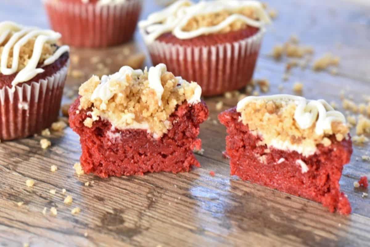 Red velvet cupcakes with crumb topping.