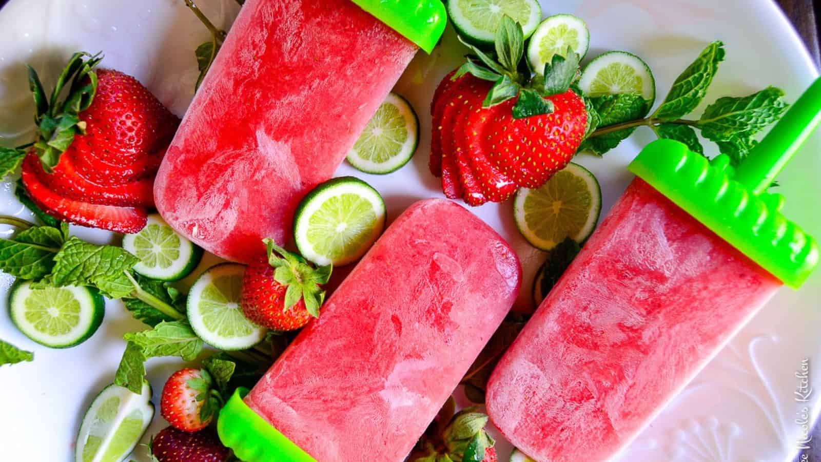 Strawberry mojito wine popsicles on a white plate with strawberries lime and mint leaves.