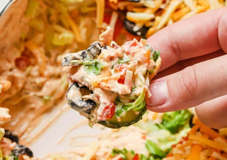 A person holding up a cucumber slice topped with taco dip.