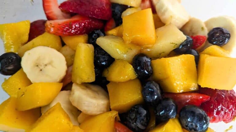 Image shows a closeup of a Tropical Fruit Salad.