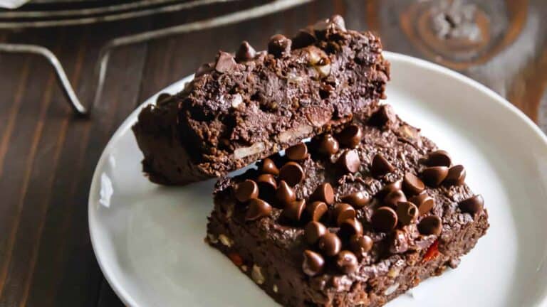 Two pieces of chocolate cake on a plate.