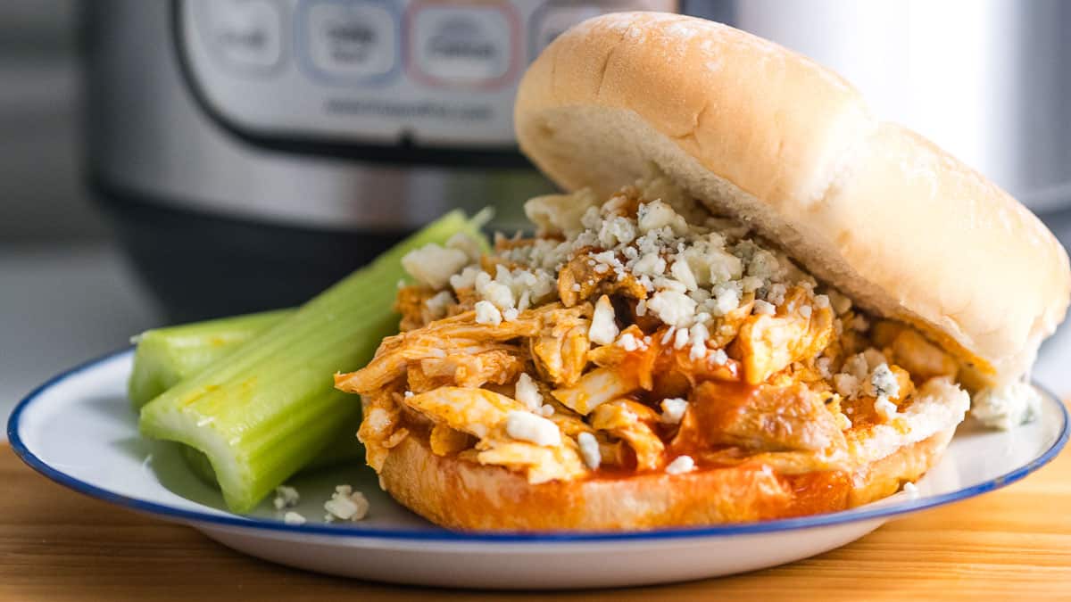 Buffalo chicken sandwich with blue cheese and celery.