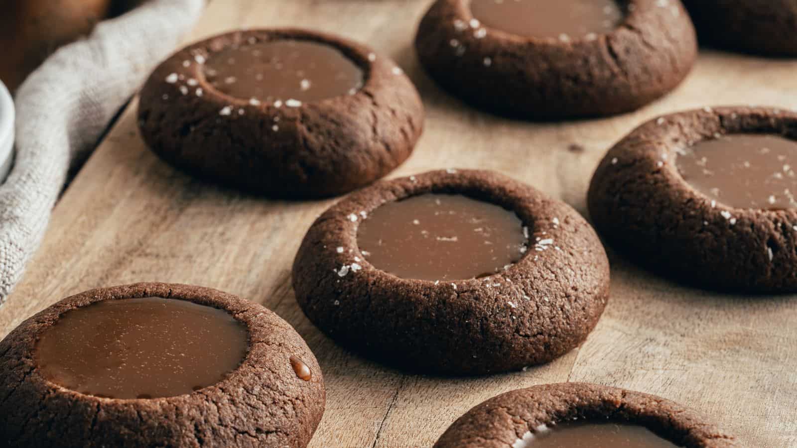 Overhead image of caramel chocolate thumbprint cookies.