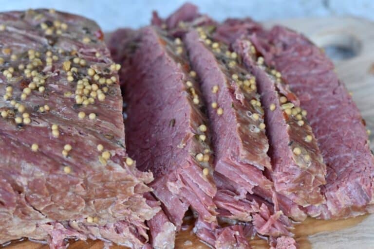 Irish corned beef on a cutting board.