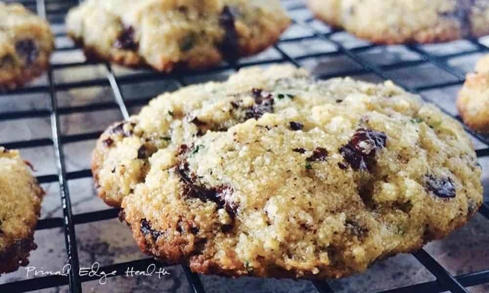 A picture of Keto Chocolate Chip Cookies on cooling rack.