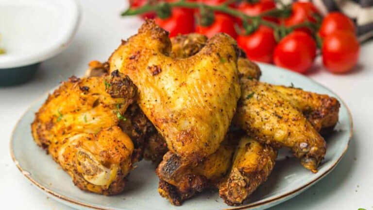 Plate of roasted chicken wings with a side of cherry tomatoes.