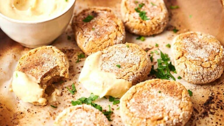 Freshly baked scones with clotted cream and a sprinkling of parsley on a parchment paper.