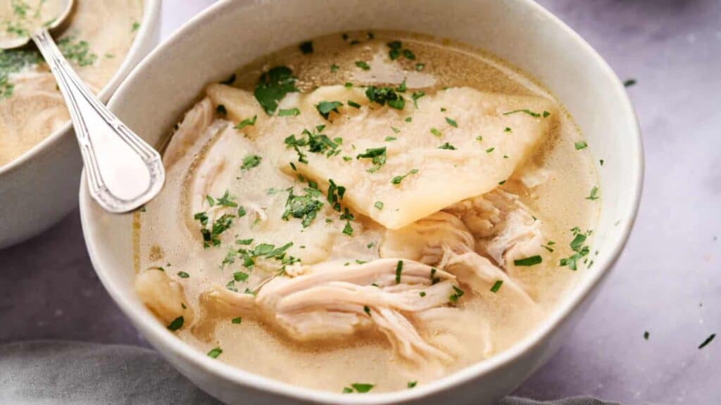 Bowl of chicken and dumplings.