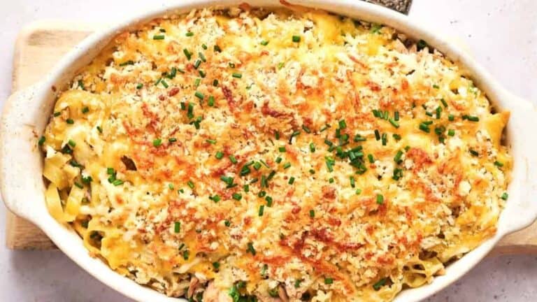 Tuna casserole in a white baking dish.