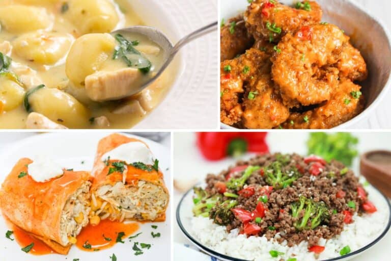 A collage of four different global dishes.