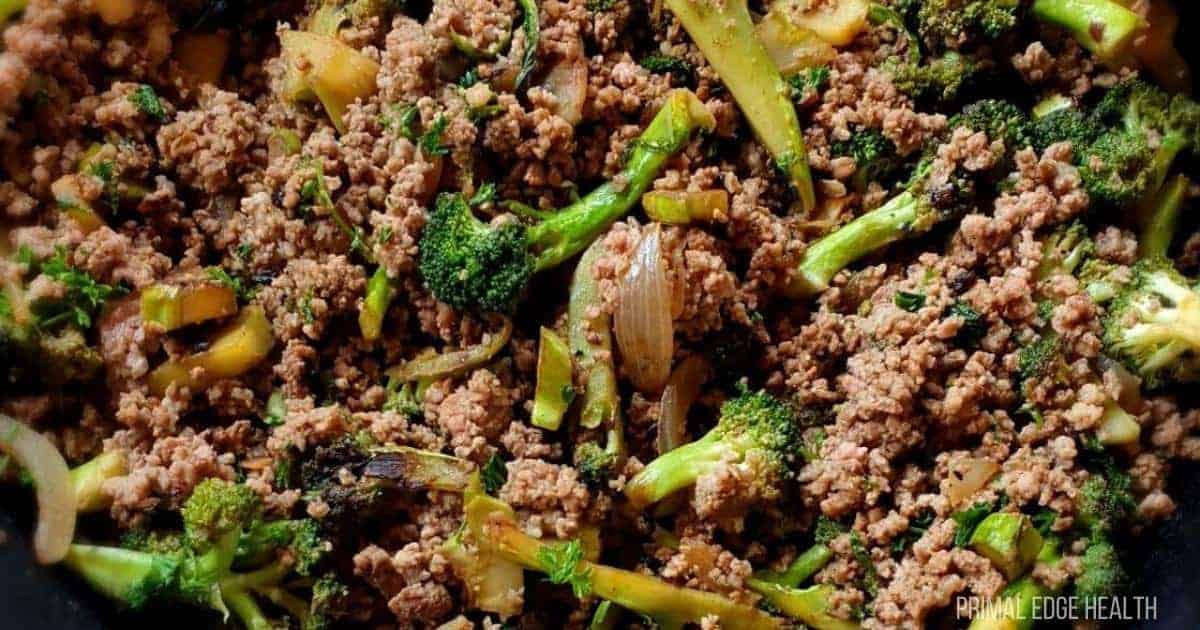 Ground beef and broccoli with onion.