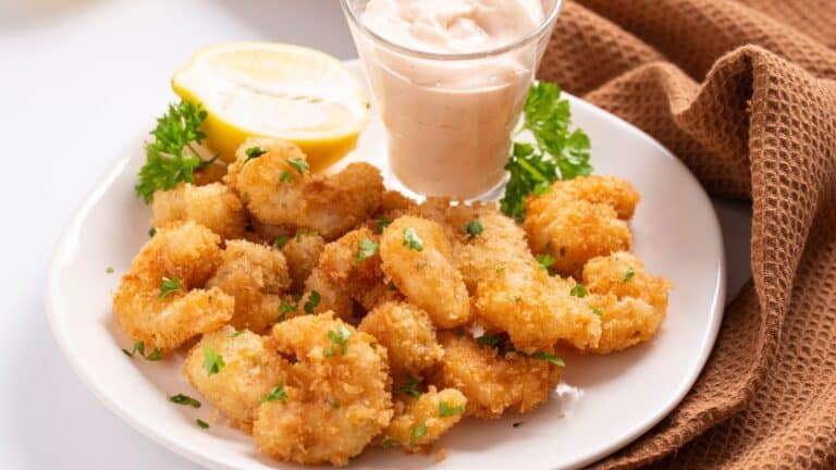 A plate of golden fried shrimp garnished with parsley, served with lemon wedges and dipping sauce.