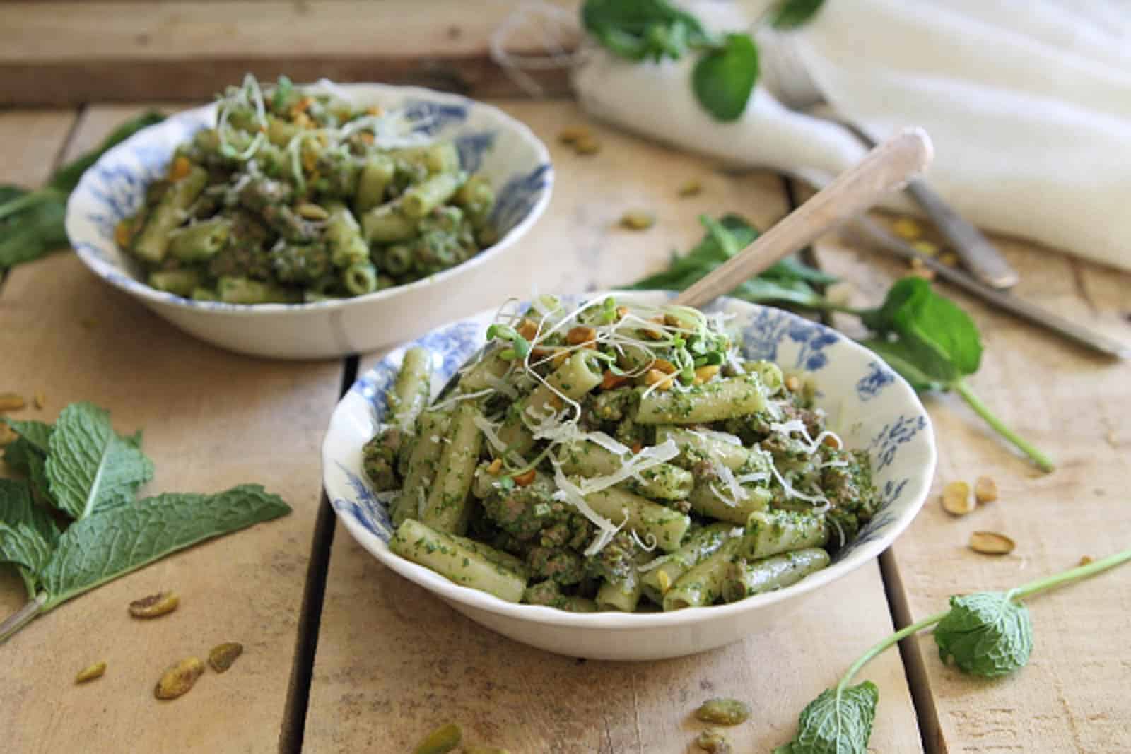 Penne with mint pesto and ground lamb.