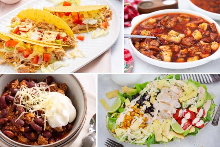 A collage of four different dishes: a taco, a bowl of chili, a bean stew, and a fresh salad. If you're not making these your lunch game needs help.