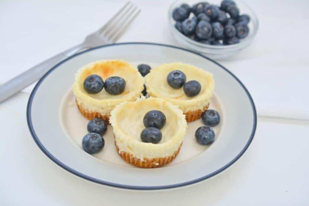 Three mini cheesecakes topped with fresh blueberries on a white plate with a small bowl of additional blueberries to the side.