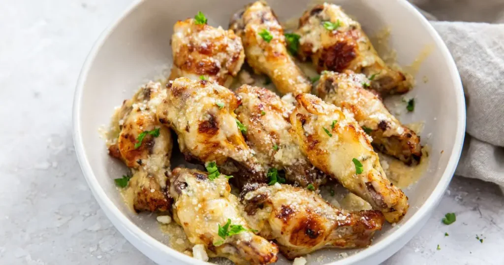 A bowl of roasted chicken wings garnished with parsley and parmesan cheese on a marble countertop.