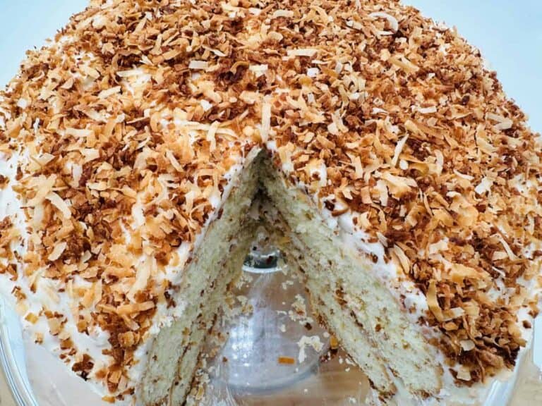 A coconut cake with a slice removed, showing its layered interior and topped with toasted coconut flakes.