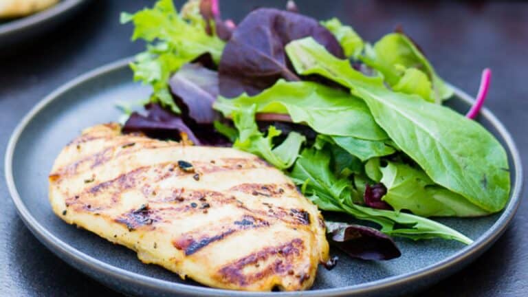 Grilled chicken breast served with a side of mixed greens salad on a dark plate.