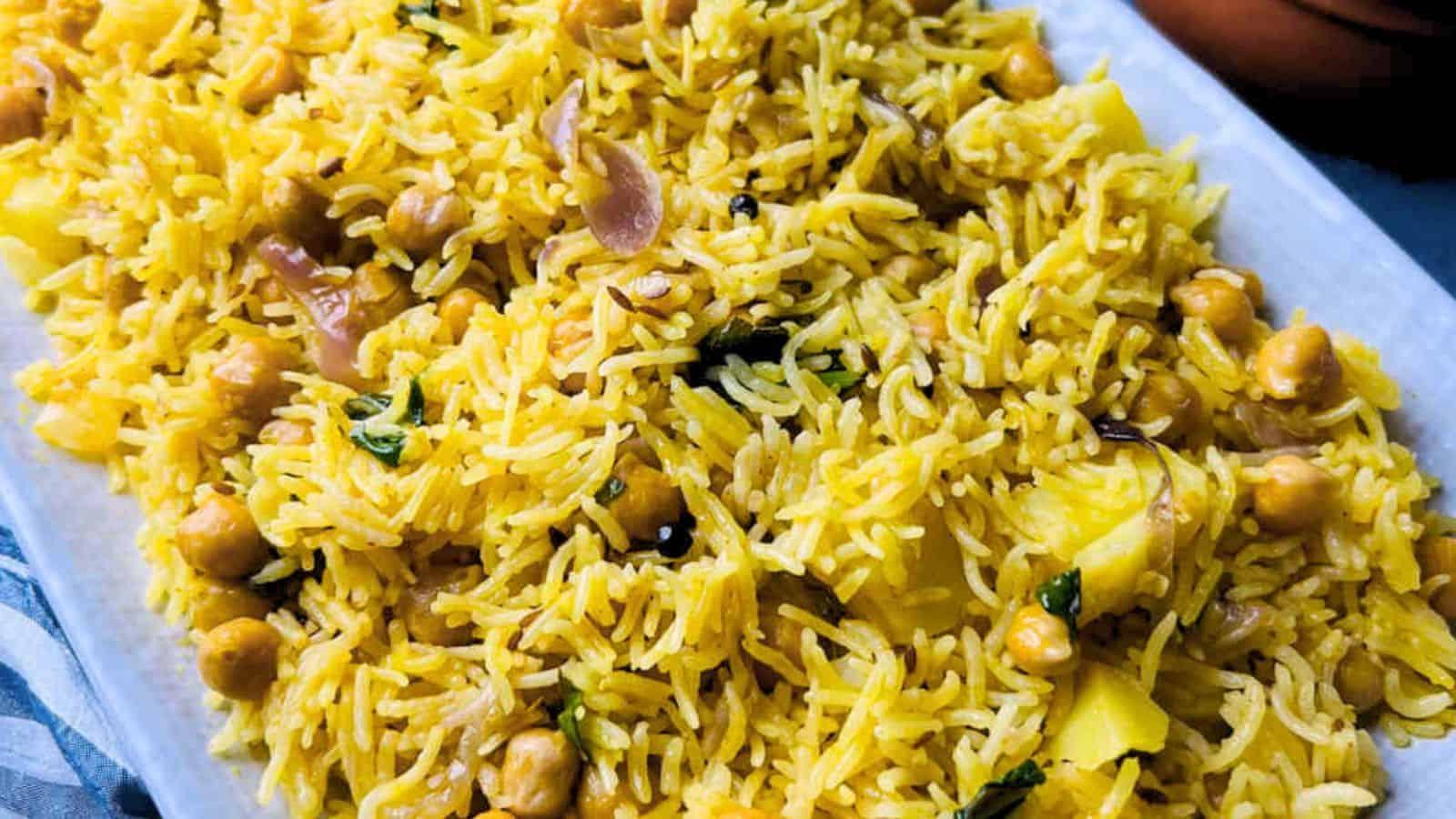A close-up of a plate filled with Chickpea Pulao.