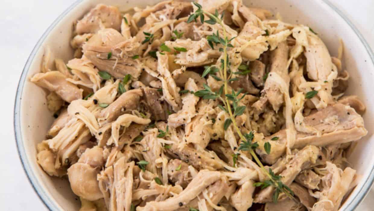 Shredded Chicken Thighs in Instant Pot with thyme.
