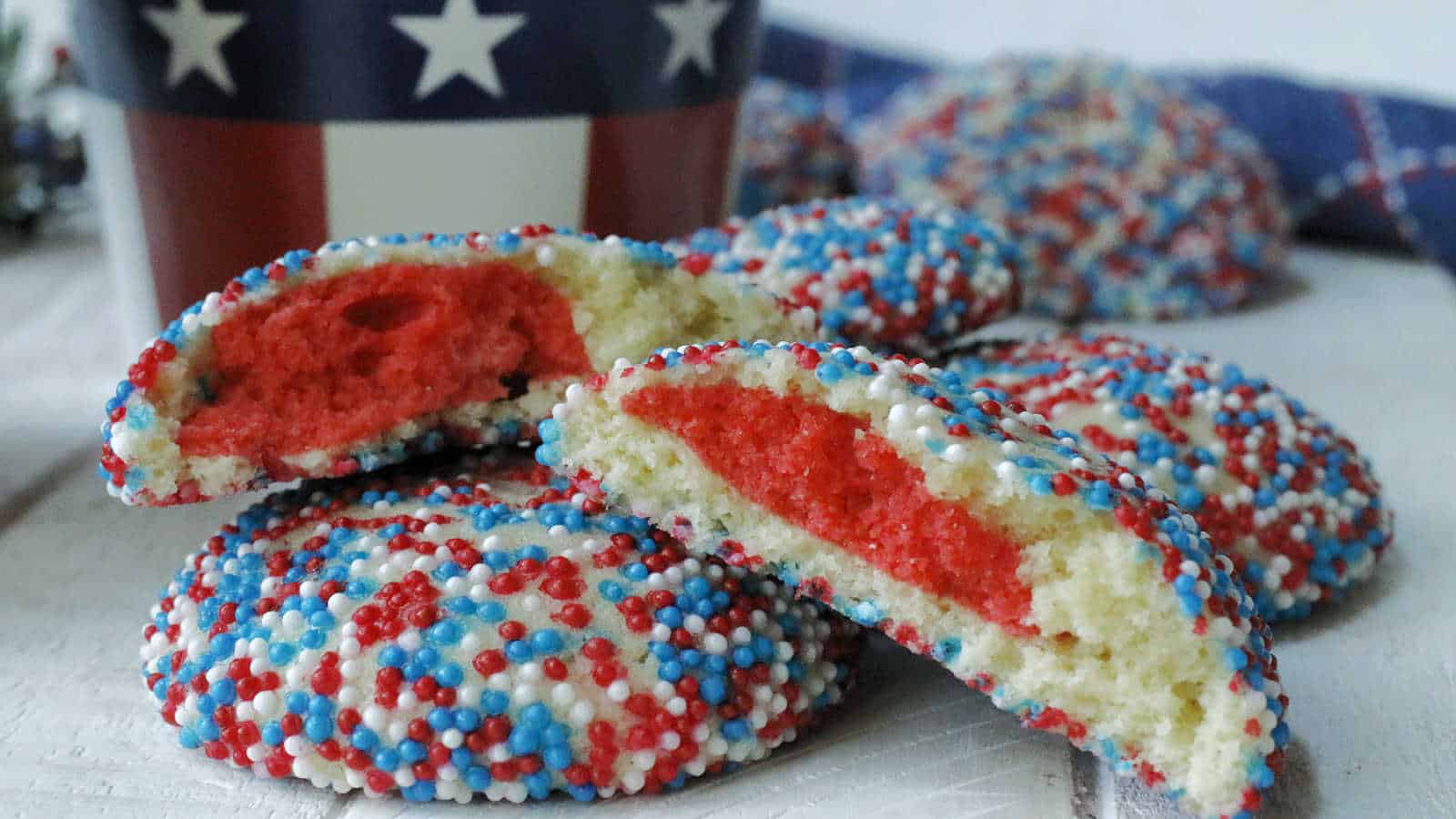 Red, white and blue sprinkles cookies with a red center.