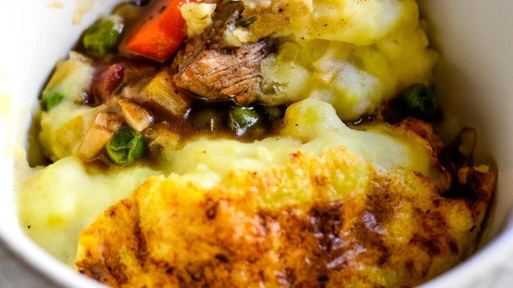 A close-up view of a beef and vegetable pie topped with golden-brown mashed potatoes.