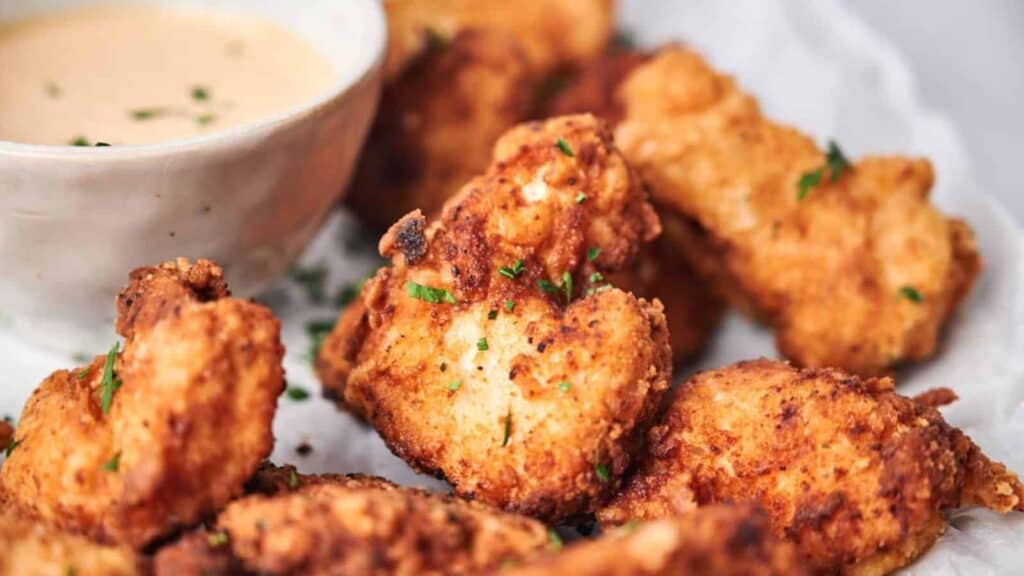 Fried chicken pieces with a side of dipping sauce.