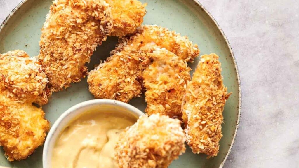 Crispy breaded chicken tenders served with dipping sauce on a plate.