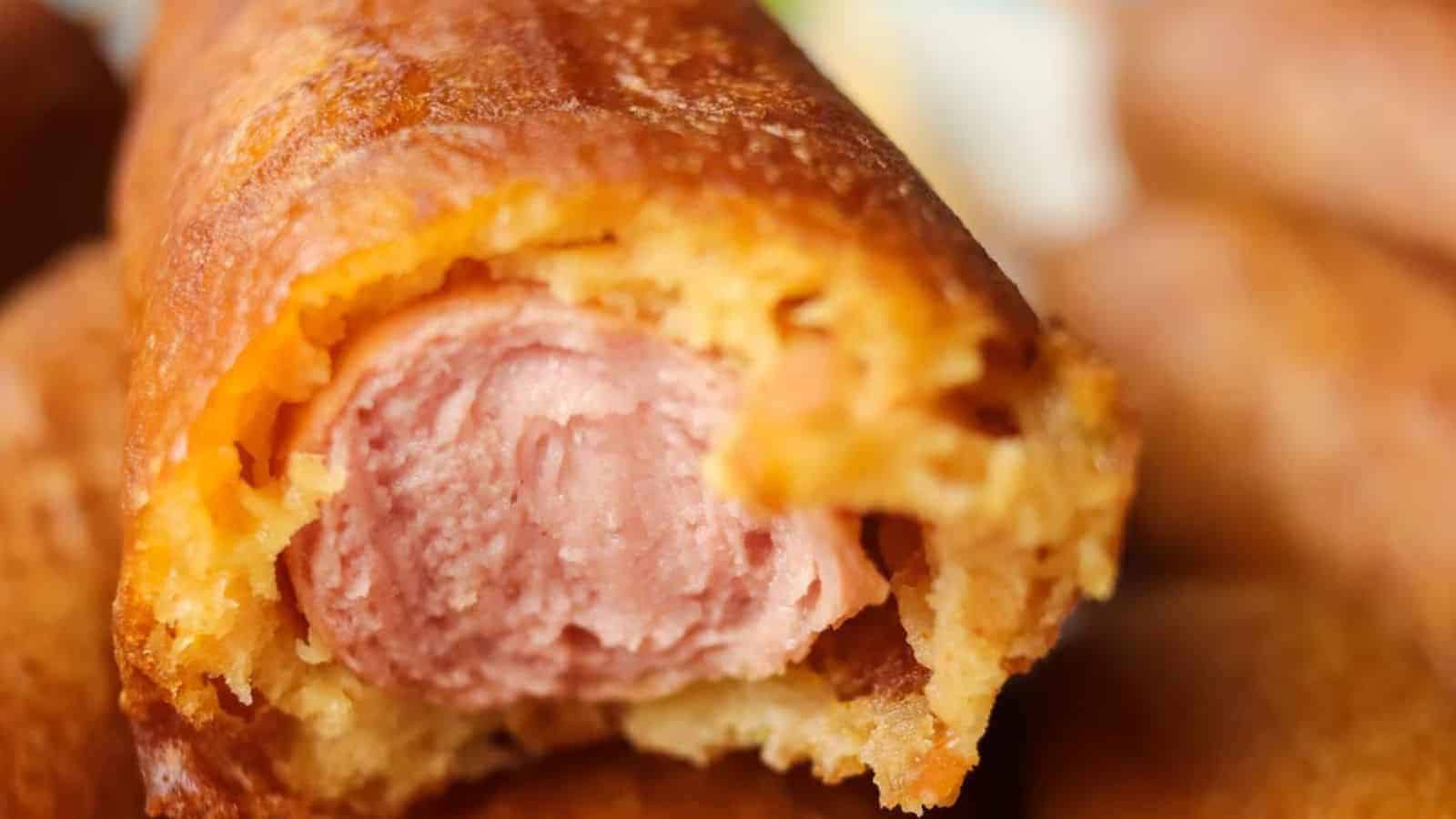 Close-up of a bitten corn dog showing its interior with a layer of crispy fried batter and a hot dog inside.